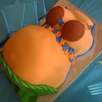 Hula Girl Baby Bump 2 mini balls for boobs, stacked 8" cakes carved for belly, all stacked on 9x13 cake and covered with fondant.
