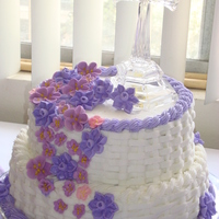 First Communion Cake french vanilla cake with fresh pinnaple filling (top layer), ( bottom layer )chocolate cake with fresh strawberry filling