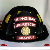 Fire Helmet Fire Helmet Groom's Cake Strawbery cake, carved and covered with candyclay/fondant mixture, yellow shapes cute and gold logo cut with...