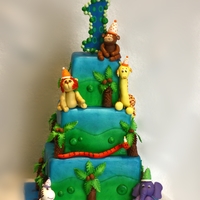 Jungle Party Palm leaves were cut out with the cricut machine. The cake was airbrushed (palm trees and leaves also), royal icing dots used, cake topper...