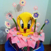 Tweety Bird Gift Box Cake I covered this cake with edible frosting sheets, pink ribbon strips have daisies imprinted on them with a stamp although it's not...