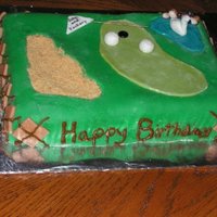 Golf This is a chocolate double layerd 9x13 in cake. The cover is chocolate plastic, as well are the argyle. Rocks near the pond are jelly beans...