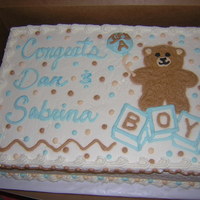 Baby Shower Cake Whipped cream cake for a baby shower. Buttercream decorations. Customer wanted a bear theme with blue and this is what I came up with!