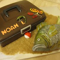 Bass Fish And Tackle Box Birthday Cake Marshmallow fondant with Williams-Sonoma food coloring to achive dark color without changing consistency of the fondant.