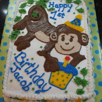 First Year Monkey Sheet cake 1/2 choc & 1/2 wt for a friend's child. All BC. Monkey free handed and transferred with dec gel