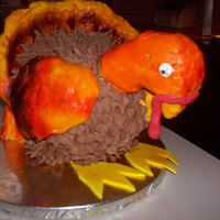 Turkey 3D turkey- head hanging low b/c it's his day to be eaten. Head and tail feathers were RKT covered in fondant and spray painted....
