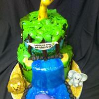 Jungle Themed Baby Shower Cake Its a Boy! Or can be dressed up for a girl with flowers butterflies and so on! Gumpaste animals. Fondant finish