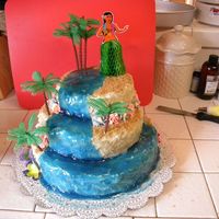 Luau Birthday I got the idea out of the Wilton Cake book. Its all buttercream and the water fall is piping gel tinted with blue. The sand is brown sugar...