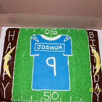 Football Birthday Cake Chocolate cake with chocolate frosting covered in vanilla grass and fondant jersey.
