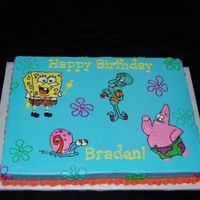 Spongebob I think this was the most fun of all the spongebob cakes I have done. 1/2 sheet cake. buttercream icing and decorations.