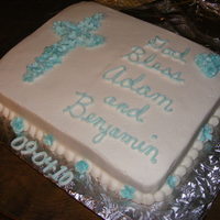 Baptism Baptism cake for a set of twins. Vanilla buttercream, fondant accents. Thanks for looking.