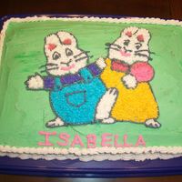 Max & Ruby Birthday Cake 11x14 cake pan, pattern transfer of Max & Ruby from coloring book, buttercream icing.