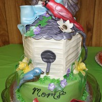 Birdhouse Cake 2 tier birdhouse cake bottom tier 8 inch round key lime. Top tier 6 inch hexagon key lime. All iced in buttercream with fondant details. My...