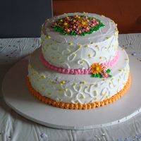 Pink & Orange Flowers This is my first official wedding cake that I made for a very casual outdoor reception that was yesterday.