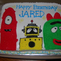 Yo Gabba Gabba Birthday Cake Made for a friend at work- Yellow cake with BC icing - inspired by other cakes on CC- I had no idea what Yo Gabba Gabba was until now......