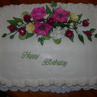Birthday Cake White Cake w/ BC- flowers are gumpaste.