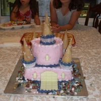 Castle Cake For Sabrina's 3Rd Birthday My friend baked the cake, and I did the decorating. turrets made of cupcakes with sugar cones inverted on top. Stones around castle made of...