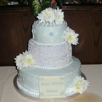 Baby Baptism Cake 12"Lemon cake w/lemon curd, 8" Chocolate w/Raspberry Mousse, 6" Vanilla w/Cannoli filling. Fondant w/RI accents. Fresh...