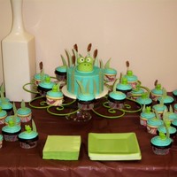 Frog Baby Shower Baby shower cake & cupcakes. Cake is chocolate with buttercream frosting topped with fondant frog. Cupcakes are white & chocolate...