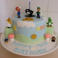 Super Mario Brothers Cake I made this cake for my sons 9th birthday (family party). Vanilla Raspberry swirl cake with white chocolate ganache. Covered in fondant...