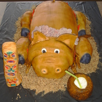 Luau My first pig and airbrushed cake. Pina Colada cake with fondant. Tiki and coconut drink fondant. Logs and flames also fondant. Sand is...