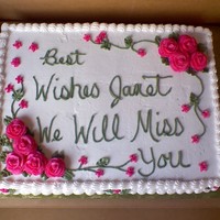 Janet's Going Away Cake 11x15 sheet cake. 1/2 WASC & 1/2 best darn chocolate cake. vanilla BC and shimmer cake sparkeles. i am so proud of my BC roses this...