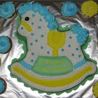 Rocking Horse Rocking horse cake pan, covered in all buttercream, for a dual baby shower. Plus a real button for the horse's eye!