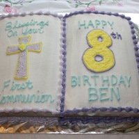 First Communion/birthday Book Colors matched the napkins, etc. for the first communion. Not the most "manly" color scheme for an 8-year-old boy but he was...