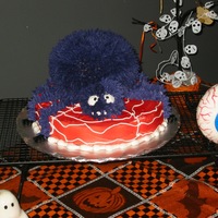Spooky Spider Covered a round with white BC and sprayed with red food color. Used a Pampered Chef bowl as a cake pan, placed that on top of the base cake...