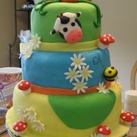 3 Tier Cow Cake 10", 8" & 6" 3 tier cake. I Covered w/marshmallow fondant. Cow, mushrooms, flowers, etc. I made of marshmallow fondant....
