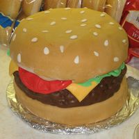 Hamburger Cake Hamburger cake. 2-9" cakes, 1-9" dome cake, made w/marshmallow fondant.