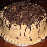 Chocolate And Peanut Butter Reeses Cake The cake is chocolate with peanut butter frosting, topped with chopped reeses cups and finished with melted chocolate drizzled over the top...