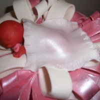 Baby Girl Baby Shower Round gift box with ribbon and bow with a gumpaste sleeping baby on top. The blanket is also gumpaste.
