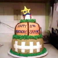 Sports Cake For 8 Yr Old Boy I made this cake for a coworkers son's 8th bday. Football. basketball and baseball.