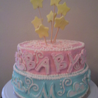 Baby Shower Cake The gender of the baby was unknown so I went with pastel pink and blue. The lettering and clouds are made with fondant. The shooting stars...