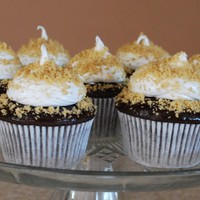 Smores MacsMom chocolate cake recipe topped with a chocolate glaze, marshmallow and graham cracker crumbs.