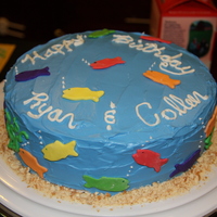 Aquarium Birthday Cake This is a cake I made for a friend's niece and nephew's birthday. Buttercream with fondant fish. I used crushed vanilla waffers...