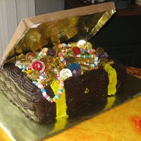 Treasure Chest Birthday Cake I created a treasure chest cake that held ring pops, candy necklaces, chocolate coins, and other sweets. It was a devil's food cake...