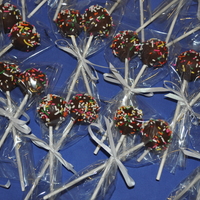 V.i.p Pops Cake pops for my son's birthday week at school. Dipped in chocolate with sprinkles. My first try at cake pops. More time consuming...