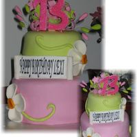 Daisy Cake pink and green birthday cake. Banana cake and chocolate cake.