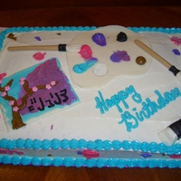 Paint Pallet Cake Red velvet cake with cream cheese icing. Pallet, paint brushes, paint tube and paint canvas all fondant.