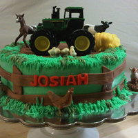 Farm Cake 10inch round BC with fondant decorations. The mom bought the animals and tractor for the cake.