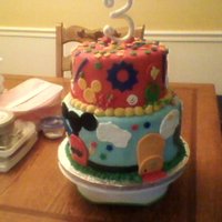 Mickeys Clubhouse Cake Bottom tier is vanilla with vanilla/almond buttercream. top tier is vanilla cake with ganache/raspberry filling.