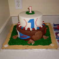 First Birthday Baseball Cake I made this cake for my son's first birthday. The bottom layer was chocolate cake with chocolate MMF and chocolate buttercream, and...