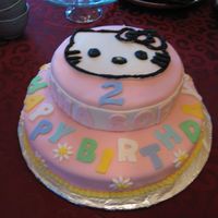 Hello Kitty The bottom cake is a 14 inch and the top cake is a 10 inch. Cake covered on fondant. Hello Kitty made of fondant and black icing for face...