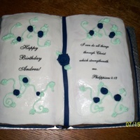 Bible Cake buttercream with edible image bible verse and happy bday fondant roses
