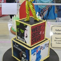 Broadway Cake 2nd Place, Adult Advanced, Special Occasion at OSSAS. Each side has a different Broadway Musical poster hand painted on gumpaste with food...