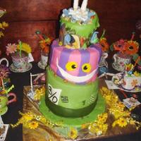 Alice In Wonderland Cake this is a three tiered topsy-turvy Alice in Wonderland cake. Its a vanilla bean sponge cake with vanilla buttercream filling.