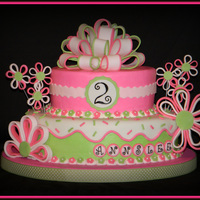 Happy Sprinkles 12" & 8" iced in buttercream and decorated with fondant flowers, loopy bow and letter dots. Letters are painted.