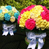 Mothers Day Cupcake Bouquets My first ever cupcake bouquets. Hydragenea, Roses, and Carnations.6" Styrofoam Ball, about 36 mini cupcakes per arrangement. So FUN to...